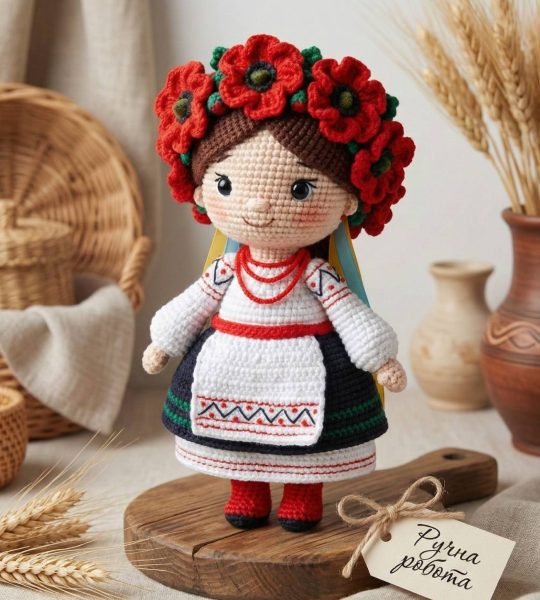 Сувенірна в’язана лялька україночка віночок квіти маки