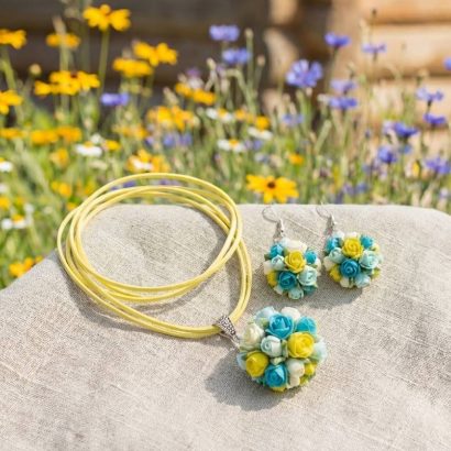 Прикраси зі глини сережки та кулон трояндочки Ukraine