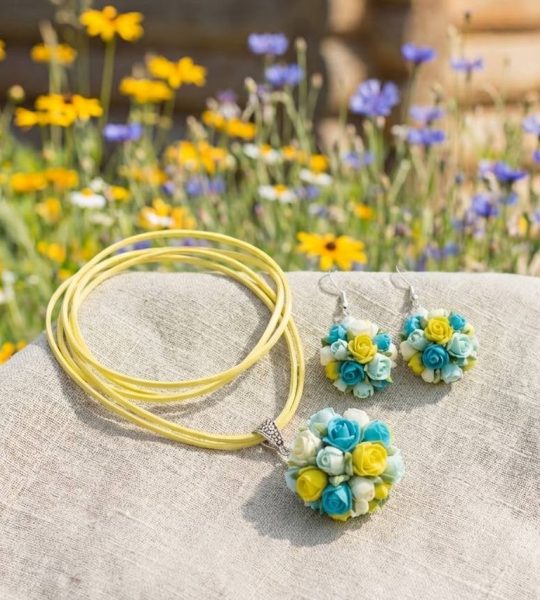 Прикраси зі глини сережки та кулон трояндочки Ukraine