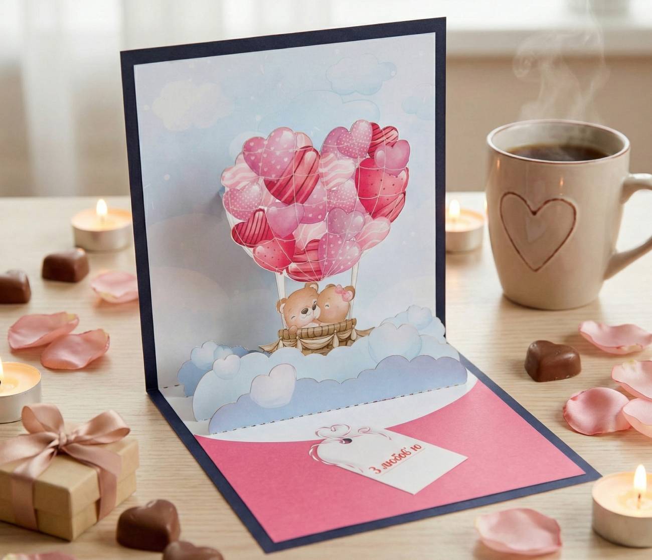 Подарунок, що говорить серцем - романтична 3D листівка-валентинка ручної роботи з об’ємною ілюстрацією парою ведмедиків