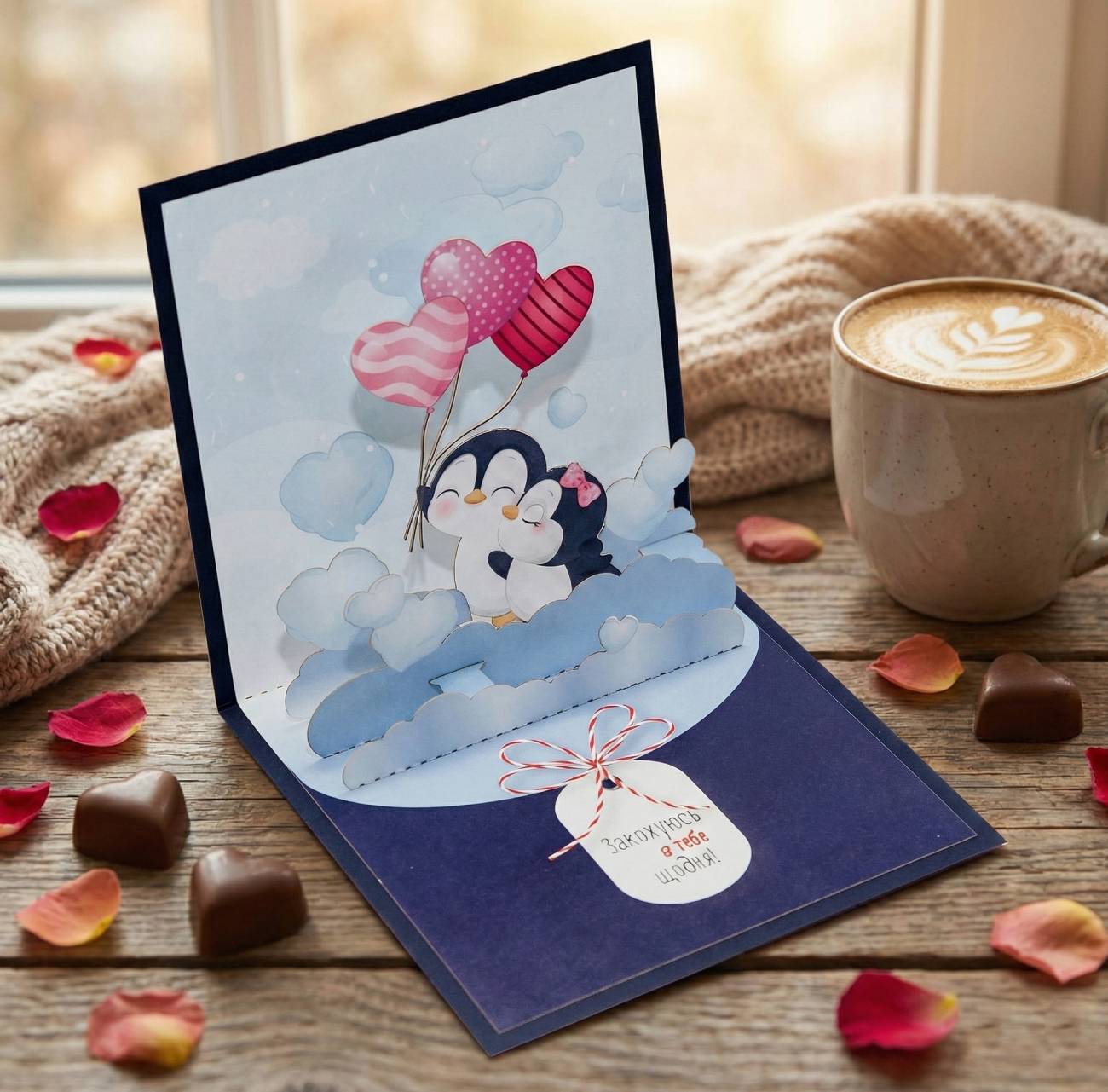 Авторська листівка валентинка з парою пінгвінів - любов, яка відкривається між рядків… і в об’ємі