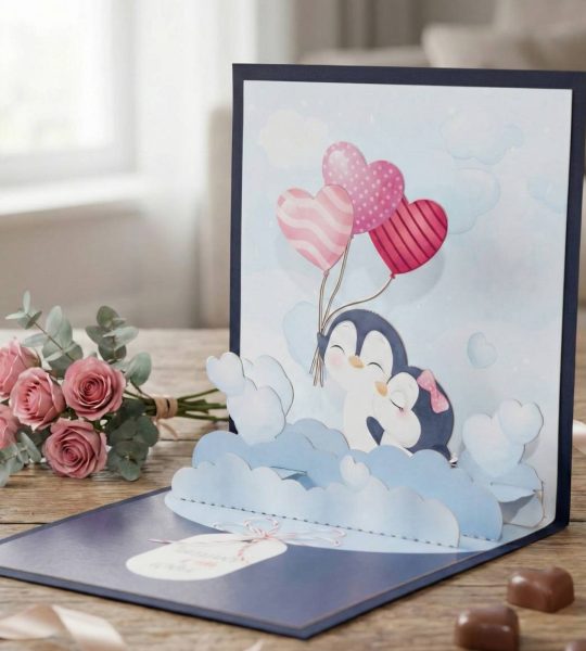 3d валентинка об'ємна листівка закохана пара пінгвінів