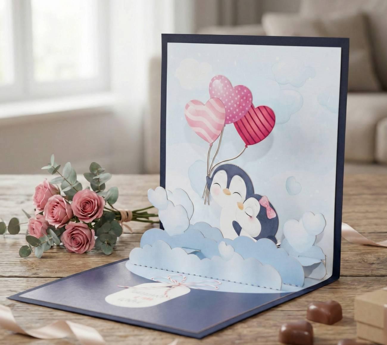 3d валентинка об'ємна листівка закохана пара пінгвінів 3d валентинка об'ємна листівка закохана пара пінгвінів