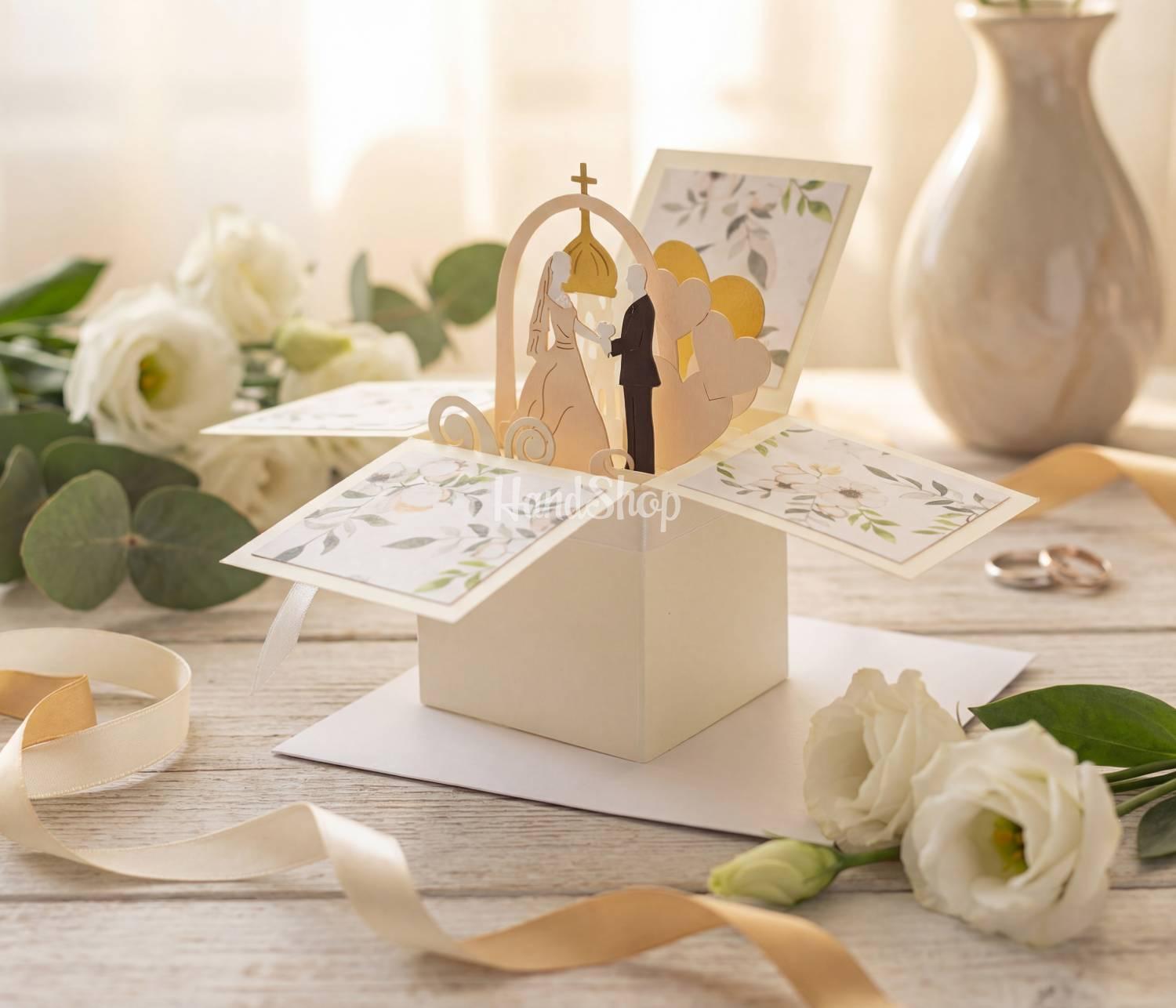 Весільна листівка у коробочці 3d церква, арка з молодятами Весільна листівка у коробочці 3d церква, арка з молодятами