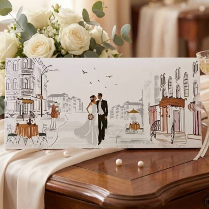 Весільна сувенірна листівка конверт молодята бежева