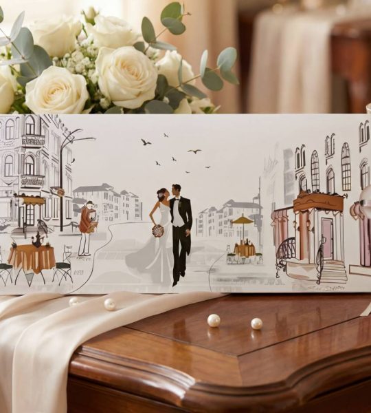 Весільна сувенірна листівка конверт молодята бежева