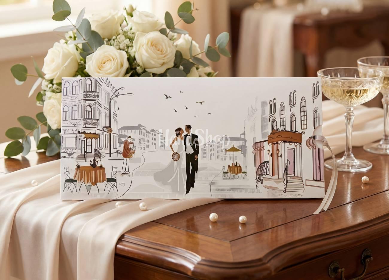 Весільна сувенірна листівка конверт молодята бежева Весільна сувенірна листівка конверт молодята бежева