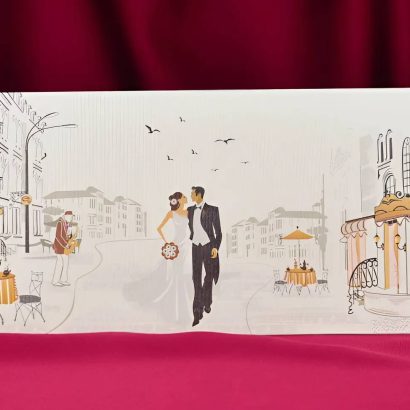 Весільна сувенірна листівка конверт молодята бежева