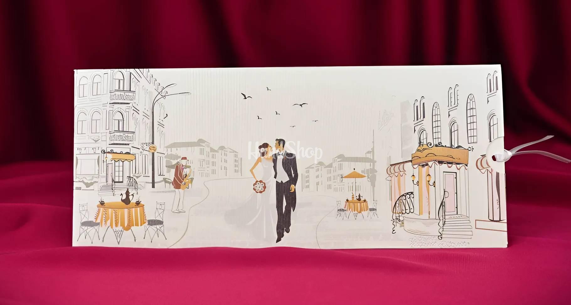 Весільна сувенірна листівка конверт молодята бежева Весільна сувенірна листівка конверт молодята бежева