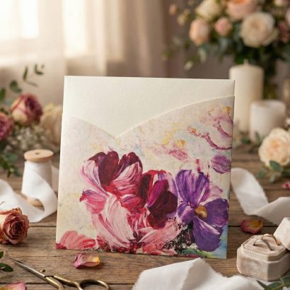Жіночий конверт для грошей листівка фіолетово рожеві квіти