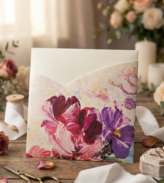 Жіночий конверт для грошей листівка фіолетово рожеві квіти