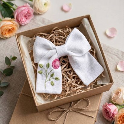 Дитячий бант для волосся вишивка рожева квітка троянда