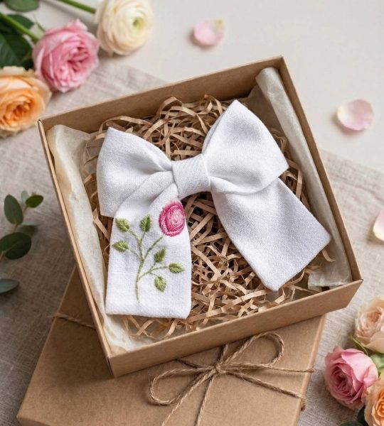 Дитячий бант для волосся вишивка рожева квітка троянда