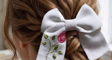 Подарунок з любов’ю - білий бант з авторською вишивкою рожевої троянди для дівчинки на будь-яке свято