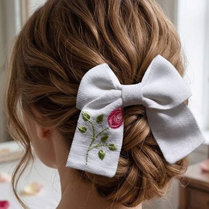 Дитячий бант для волосся вишивка рожева квітка троянда