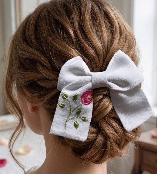 Дитячий бант для волосся вишивка рожева квітка троянда