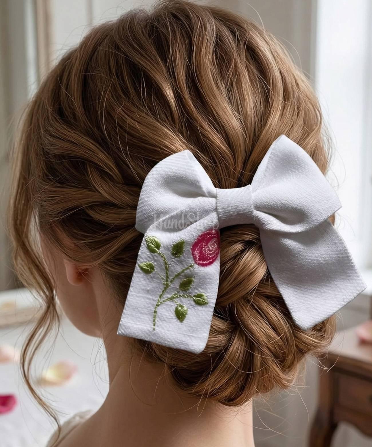 Дитячий бант для волосся вишивка рожева квітка троянда Дитячий бант для волосся вишивка рожева квітка троянда