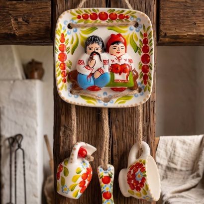 Авторська біла керамічна підвіска з петриківським розписом пара