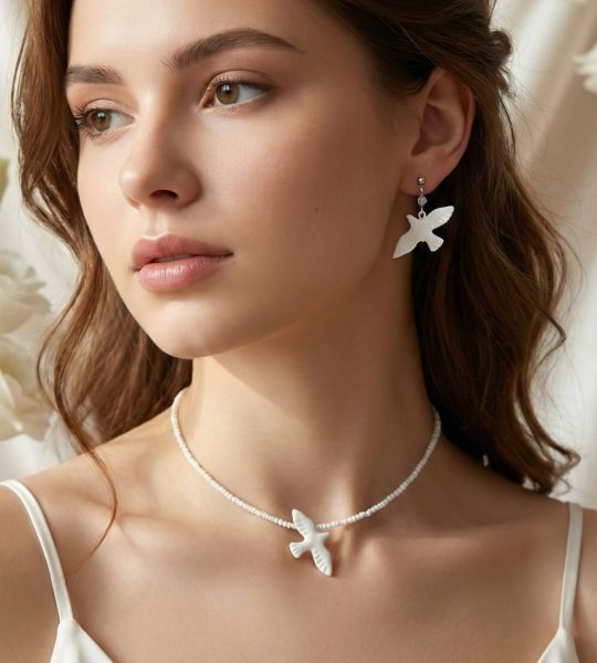 Кулон біла голубка з глини на ювелірному тросику, бісер