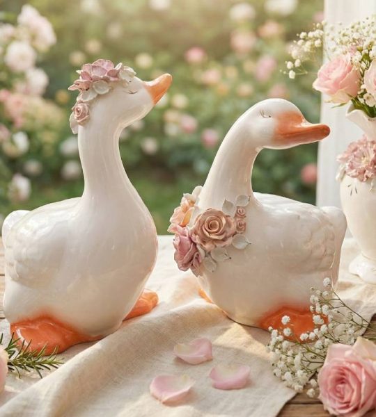 Сувенірна пара білі порцелянові гуси ручний розпис золотом