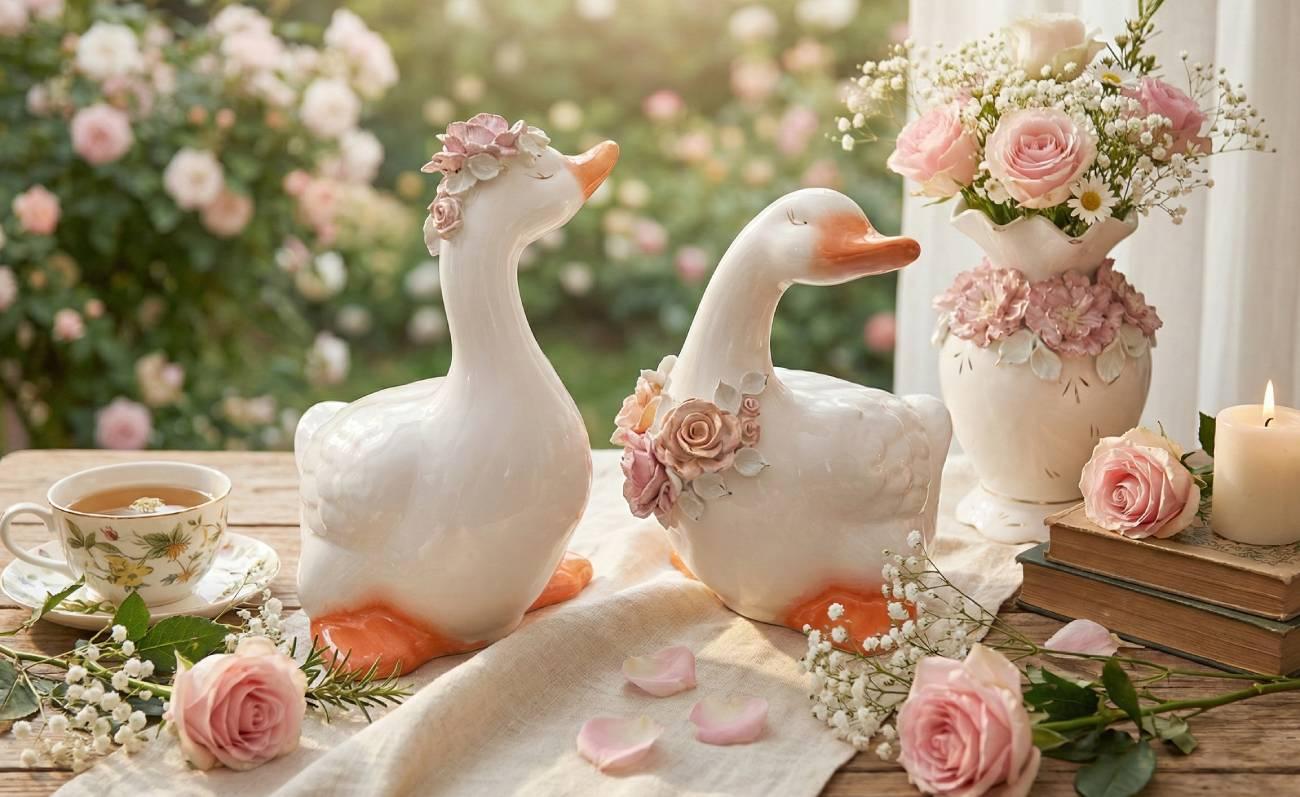 Сувенірна пара білі порцелянові гуси ручний розпис золотом Сувенірна пара білі порцелянові гуси ручний розпис золотом