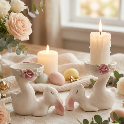 Білий порцеляновий кролик свічник з квітами троянди, 1 шт