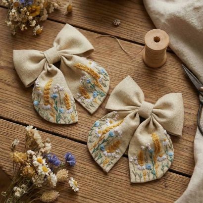 Пара бантів для волосся польові квіти ручна вишивка, 2 шт