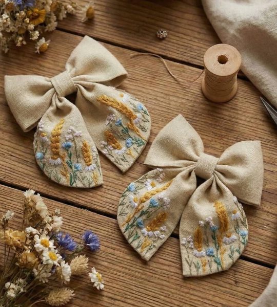 Пара бантів для волосся польові квіти ручна вишивка, 2 шт
