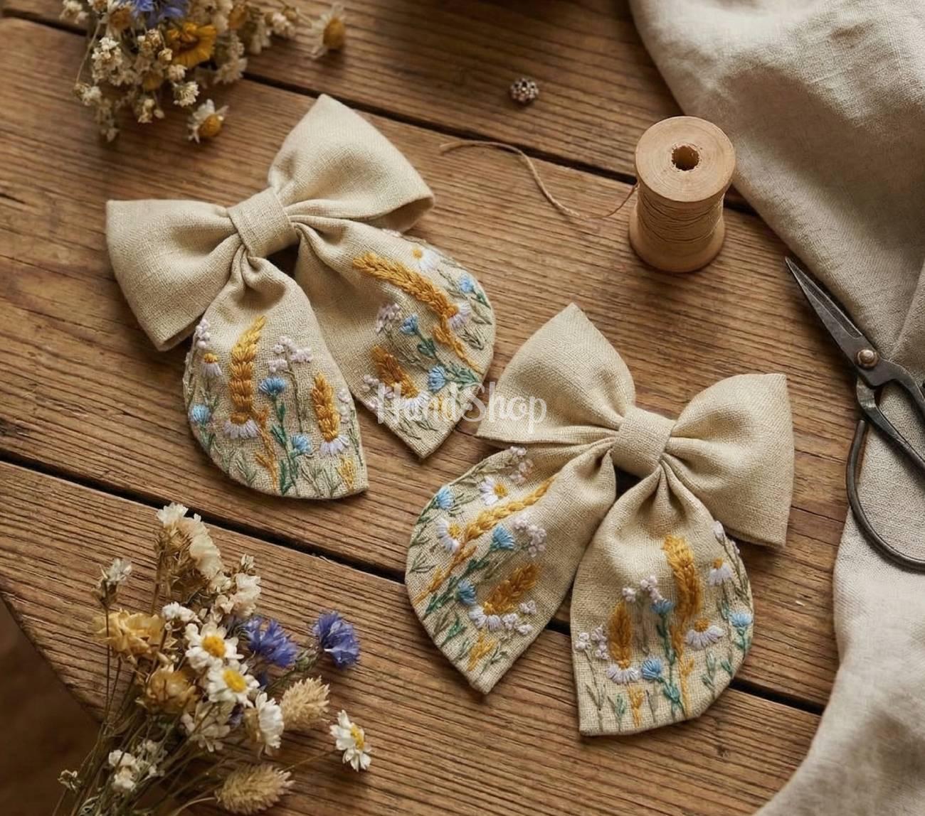 Пара бантів для волосся польові квіти ручна вишивка, 2 шт Пара бантів для волосся польові квіти ручна вишивка, 2 шт