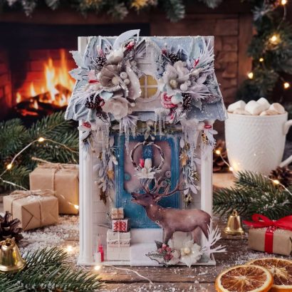 Святкова об'ємна листівка дім олень Різдво Новий рік 2026