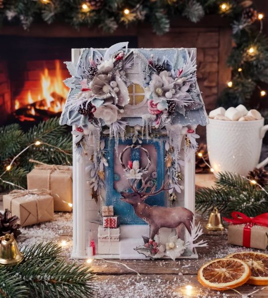Святкова об'ємна листівка дім олень Різдво Новий рік 2026