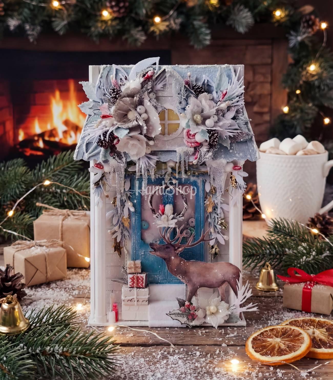 Святкова об'ємна листівка дім олень Різдво Новий рік 2026 Святкова об'ємна листівка дім олень Різдво Новий рік 2026