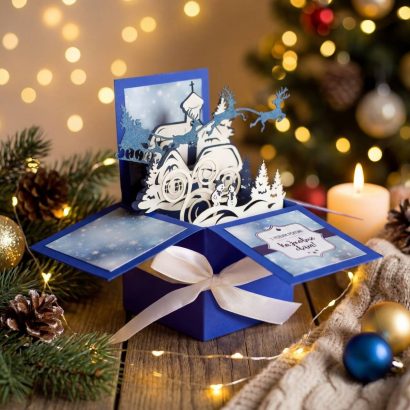 Скрапбукінг листівка об'ємна коробочка Новий рік/Різдво