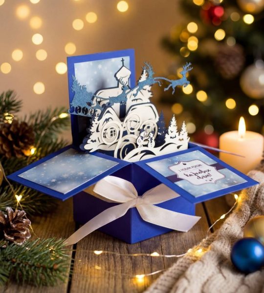 Скрапбукінг листівка об'ємна коробочка Новий рік/Різдво