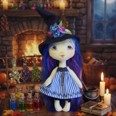 Авторська інтер’єрна лялька відьмочка з синім волоссям