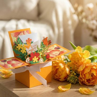 Жіноча листівка коробочка з квітами 3d день народження