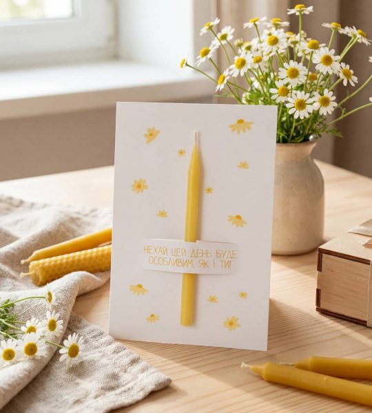 Жіноча листівка жовті квіти зі свічкою, сірником та чиркалом