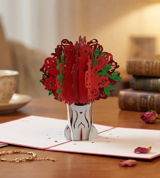 Авторська 3d об’ємна листівка ваза червоні троянди вчительці