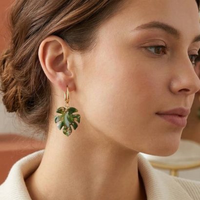 Жіночі сережки полімерна глина зелене листя монстера
