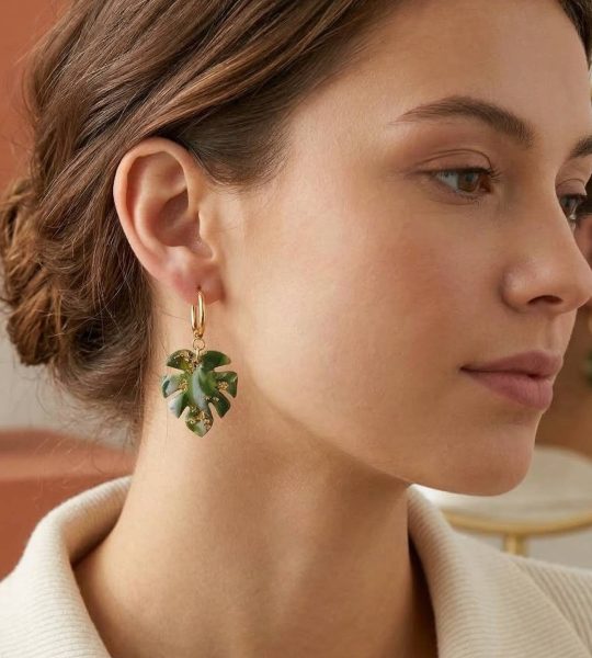 Жіночі сережки полімерна глина зелене листя монстера