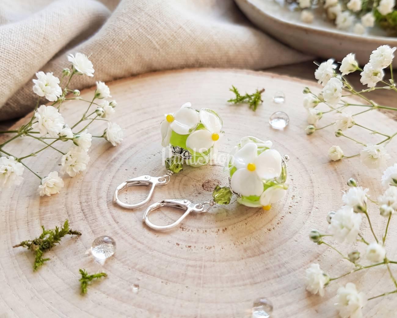 Жіночі сережки квіти ромашки намистини lampwork скло Жіночі сережки квіти ромашки намистини lampwork скло