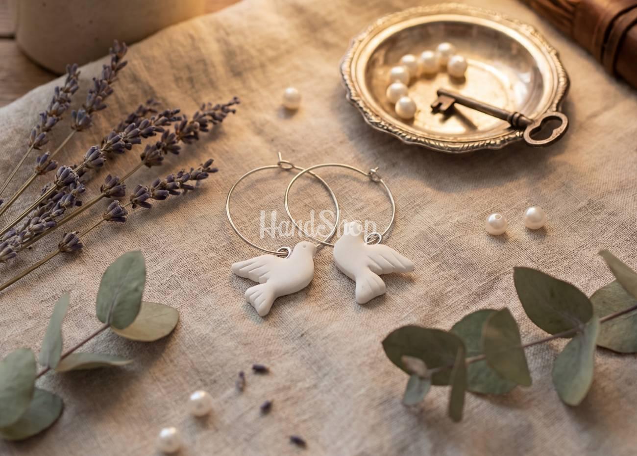 Сережки пташки білі горлиці кільця полімерна глина Сережки пташки білі горлиці кільця полімерна глина