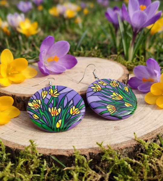 Круглі сережки квіти жовті крокуси ручного розпису