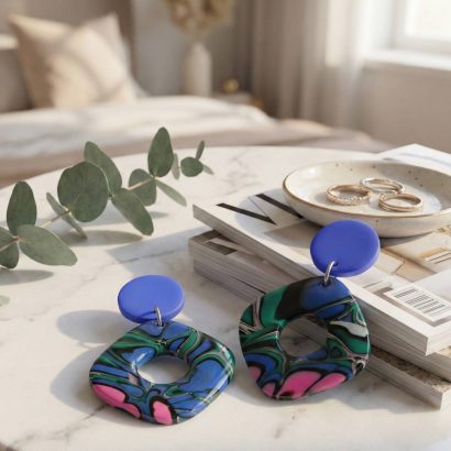 Авторські сережки з полімерної глини геометричні сині