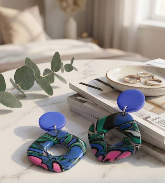 Авторські сережки з полімерної глини геометричні сині