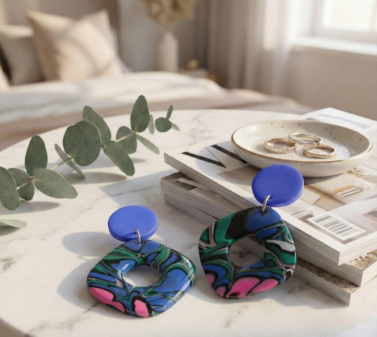 Авторські сережки з полімерної глини геометричні сині Авторські сережки з полімерної глини геометричні сині