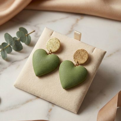Стильні жіночі сережки зелено-золоті сердечка глина