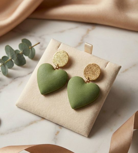 Стильні жіночі сережки зелено-золоті сердечка глина