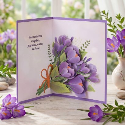 Жіноча 3d листівка з квітами букет фіолетових крокусів