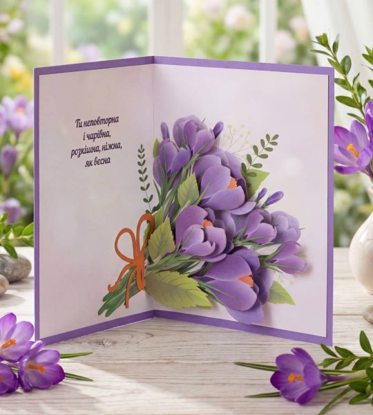 Жіноча 3d листівка з квітами букет фіолетових крокусів